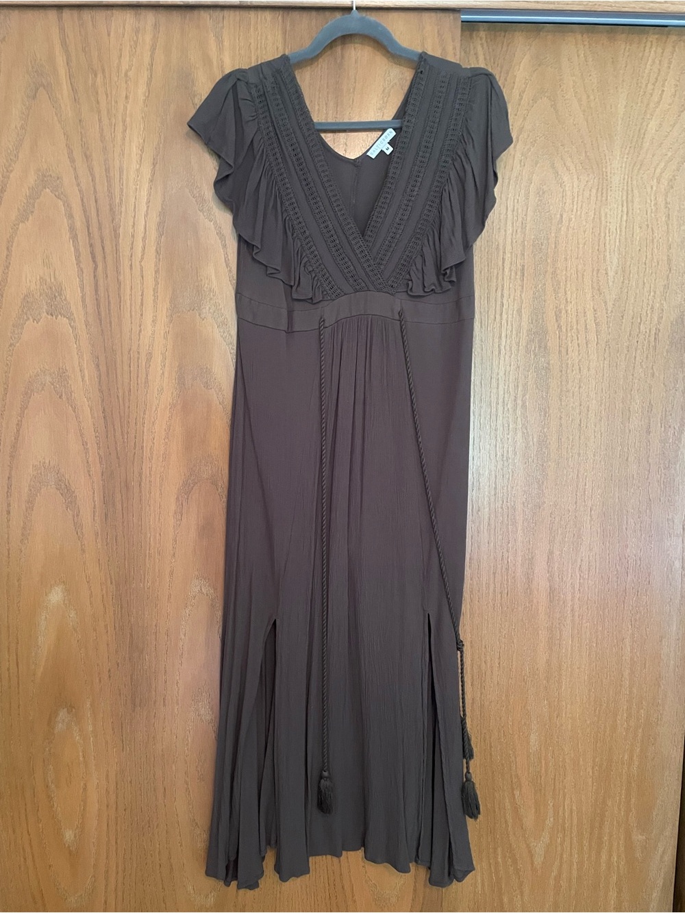 Baltic Born Olive Green V-neck Ruffle Maxi Dress with Braided Tassel